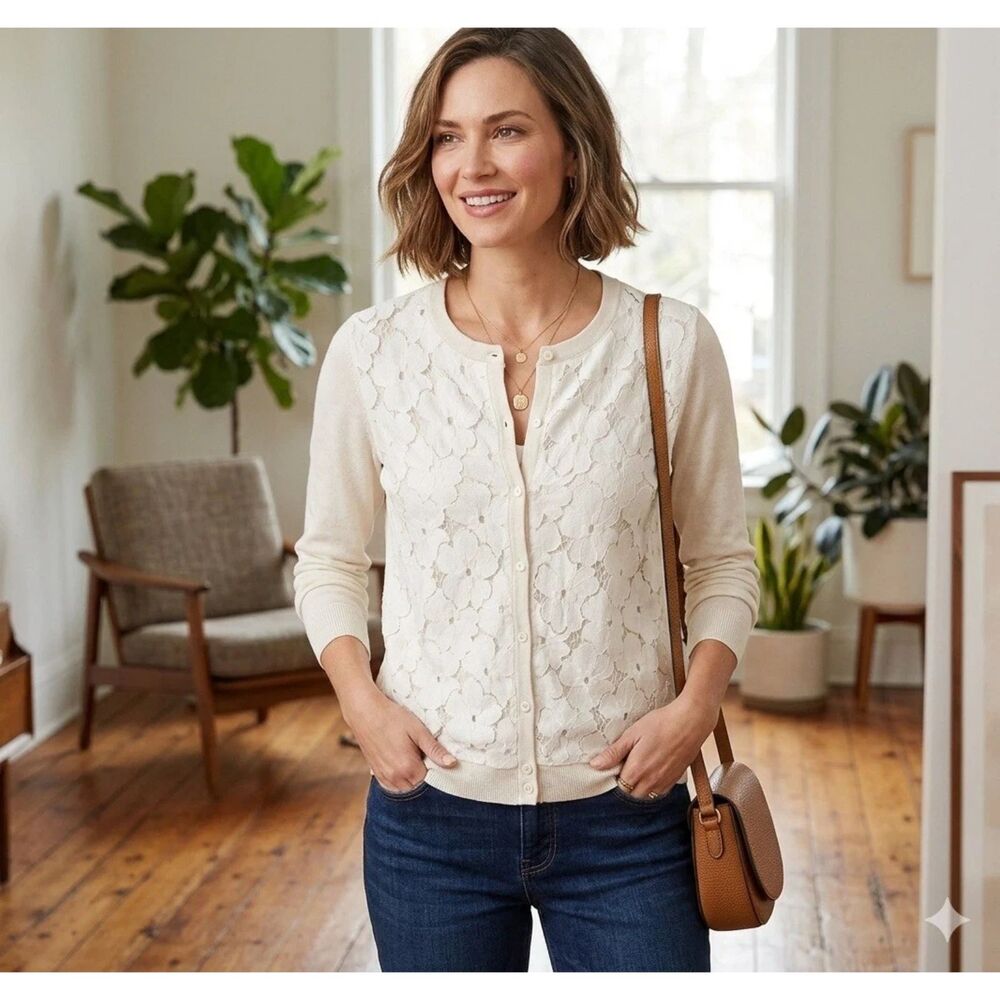 Blair Cardigan Sweater Womens S Cream Floral Lace Overlay Button Up Romantic